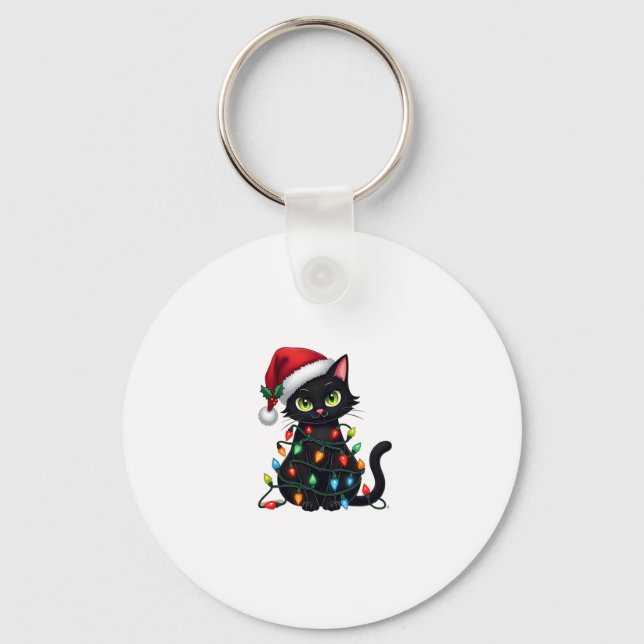 Black Cat Christmas Lights Santa Hat Funny Xmas Ca Keychain (Front)