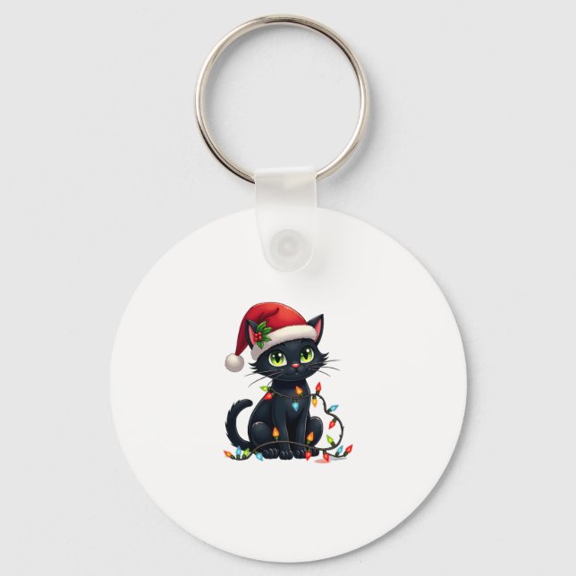 Black Cat Christmas Lights Santa Hat Funny Xmas Ca Keychain (Front)