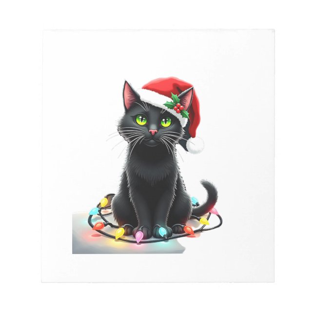 Black Cat Christmas Lights Santa Hat Funny Xmas Ca Notepad (Front)