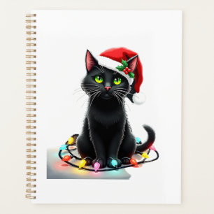 Black Cat Christmas Lights Santa Hat Funny Xmas Ca Planner