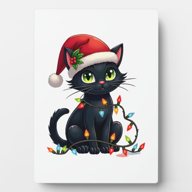 Black Cat Christmas Lights Santa Hat Funny Xmas Ca Plaque (Front)