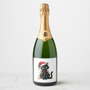 Black Cat Christmas Lights Santa Hat Funny Xmas Ca Sparkling Wine Label