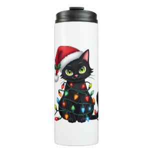 Black Cat Christmas Lights Santa Hat Funny Xmas Ca Thermal Tumbler