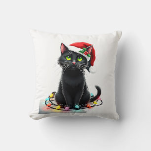 Black Cat Christmas Lights Santa Hat Funny Xmas Ca Throw Pillow