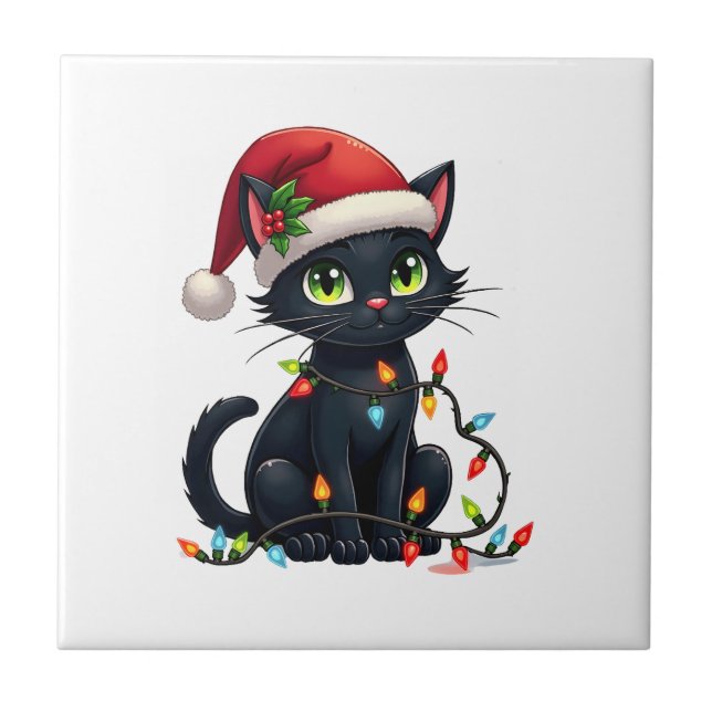 Black Cat Christmas Lights Santa Hat Funny Xmas Ca Tile (Front)