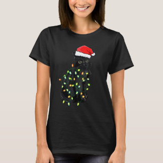 Black Cat Christmas Pajama Cat Kitten  Xmas Lights T-Shirt