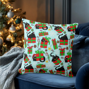Black Cat Christmas Presents Throw Pillow