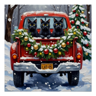 Black Cat Christmas Red Truck Holiday Poster
