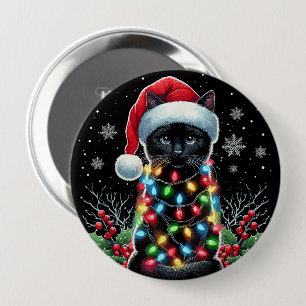 Black Cat Christmas Santa Hat Funny Meowy Cat 4 Inch Round Button