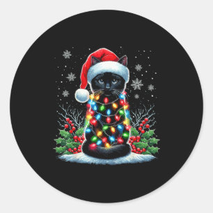 Black Cat Christmas Santa Hat Funny Meowy Cat Classic Round Sticker