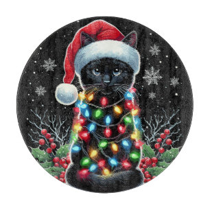 Black Cat Christmas Santa Hat Funny Meowy Cat Cutting Board