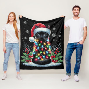 Black Cat Christmas Santa Hat Funny Meowy Cat Fleece Blanket