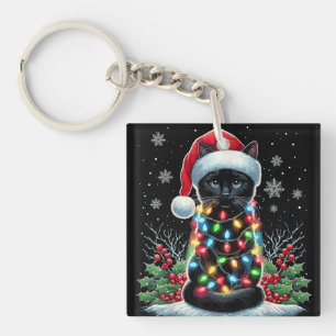 Black Cat Christmas Santa Hat Funny Meowy Cat Keychain