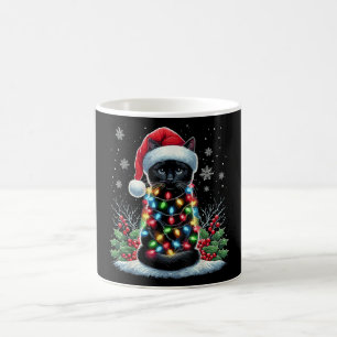 Black Cat Christmas Santa Hat Funny Meowy Cat Magic Mug