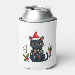 Black Cat Christmas Santa Hat Funny Meowy Cat T-Sh Can Cooler
