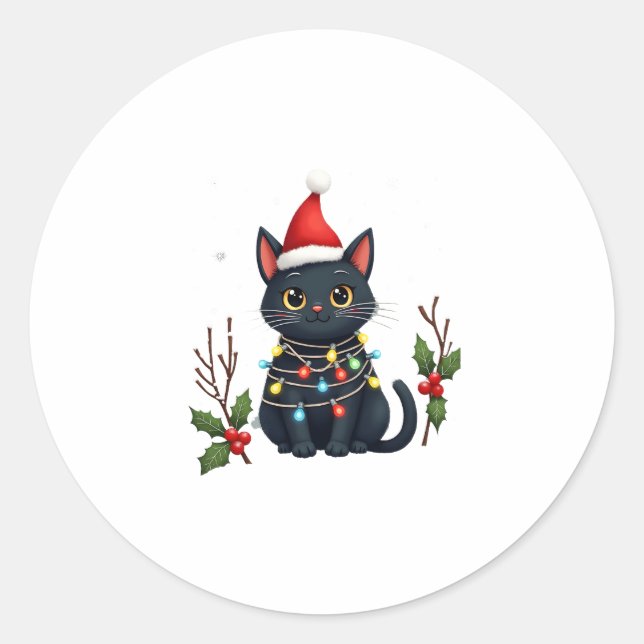 Black Cat Christmas Santa Hat Funny Meowy Cat T-Sh Classic Round Sticker (Front)