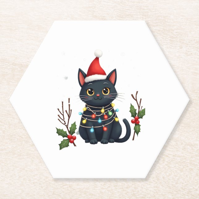Black Cat Christmas Santa Hat Funny Meowy Cat T-Sh Paper Coaster (Front)