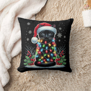 Black Cat Christmas Santa Hat Funny Meowy Cat Throw Pillow
