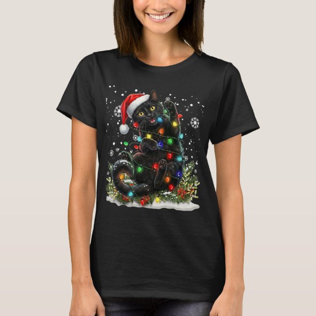 Black Cat Christmas Santa Hat Funny Meowy Catmas T-Shirt (Front)