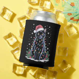 Black Cat Christmas Santa Hat Funny Meowy Cats  Can Cooler