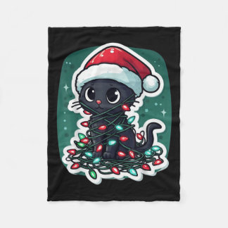 Black Cat Christmas Santa Hat Funny Meowy Cats Wom Fleece Blanket