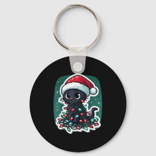 Black Cat Christmas Santa Hat Funny Meowy Cats Wom Keychain
