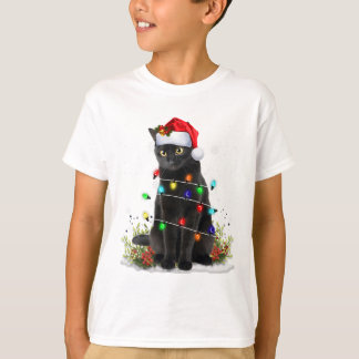 Black Cat Christmas Santa Hat Funny Meowy Cats Wom T-Shirt