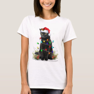 Black Cat Christmas Santa Hat Funny Meowy Cats Wom T-Shirt