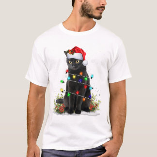 Black Cat Christmas Santa Hat Funny Meowy Cats Wom T-Shirt