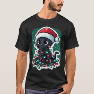 Black Cat Christmas Santa Hat Funny Meowy Cats Wom T-Shirt