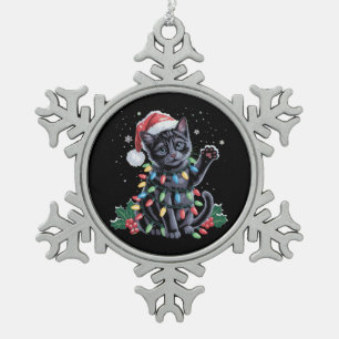 Black Cat Christmas Santa Hat Meowy Xmas Holiday Snowflake Pewter Christmas Ornament