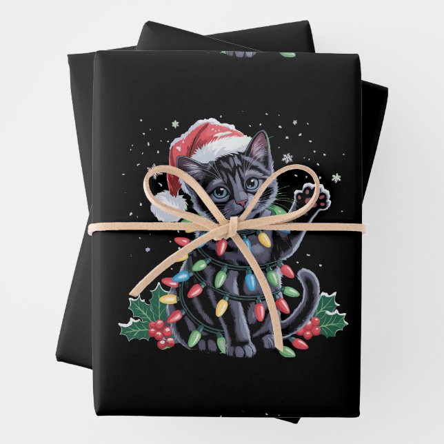 Black Cat Christmas Santa Hat Meowy Xmas Holiday Wrapping Paper Sheet (In situ)