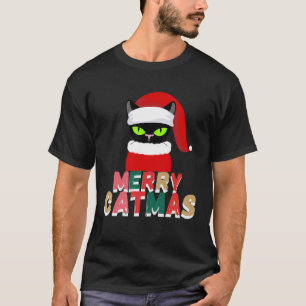 black cat Christmas Santa Hat T-Shirt