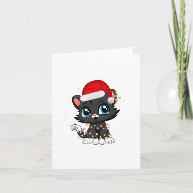 Black Cat Christmas Santa Hat Xmas Lights Cat Love Card (Front)