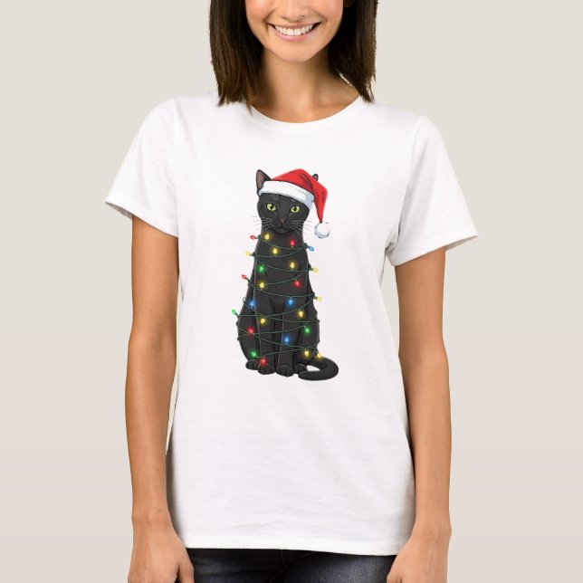 Black Cat Christmas Santa Lover T-Shirt (Front)