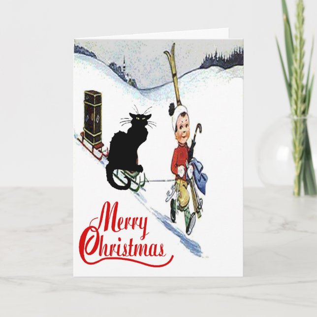 Black Cat Christmas Snow Holiday Card (Front)