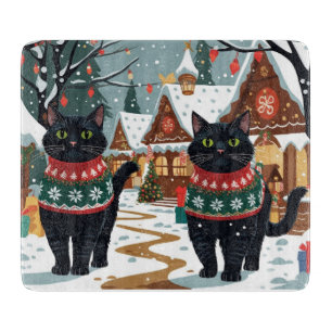 Black Cat Christmas Snow Holiday Cutting Board