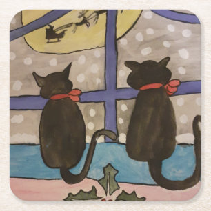 Black Cat Christmas  Square Paper Coaster