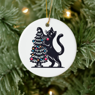 Black Cat Christmas Tree Ceramic Ornament