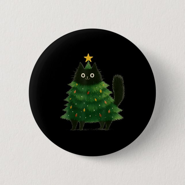 Black Cat Christmas Tree Cute Holiday Pet Lover De 2 Inch Round Button (Front)