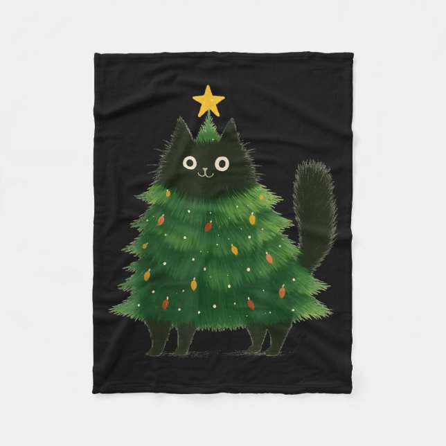 Black Cat Christmas Tree Cute Holiday Pet Lover De Fleece Blanket (Front)