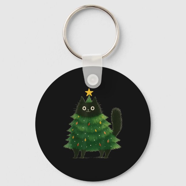 Black Cat Christmas Tree Cute Holiday Pet Lover De Keychain (Front)