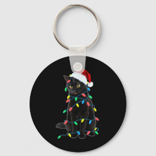 Black Cat Christmas Tree Lights Fun Santa Kitten L Keychain