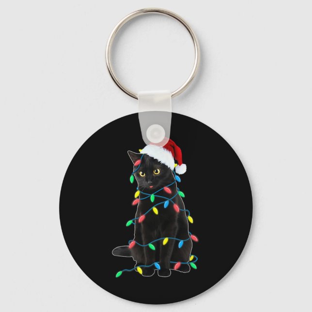 Black Cat Christmas Tree Lights Fun Santa Kitten L Keychain (Front)
