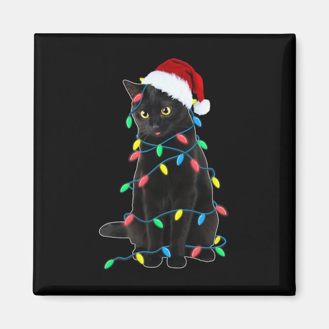 Black Cat Christmas Tree Lights Fun Santa Kitten L Magnet (Front)