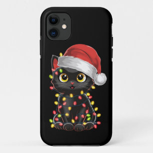 Black Cat Christmas Tree Lights Funny Santa Kitten iPhone 11 Case
