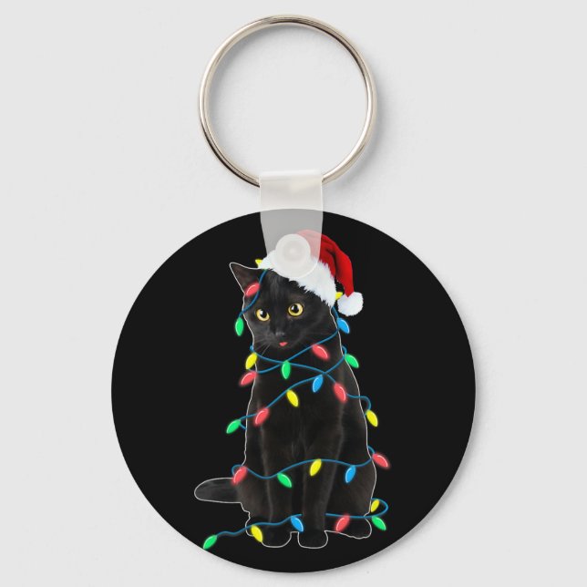 Black Cat Christmas Tree Lights Funny Santa Kitten Keychain (Front)