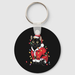 Black Cat Christmas Tree Lights Funny Santa Kitten Keychain