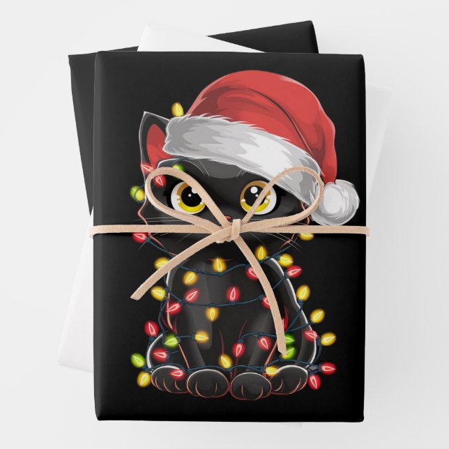 Black Cat Christmas Tree Lights Funny Santa Kitten Wrapping Paper Sheet (In situ)