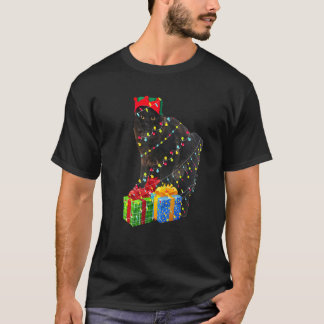 Black Cat Christmas Tree Lights With Holiday Prese T-Shirt